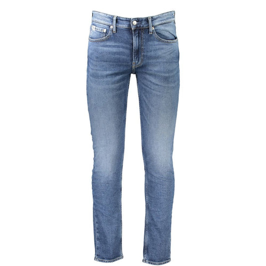 Alt Tag: Calvin Klein Blue Cotton Men Jeans showcasing slim fit and sustainable style in a modern tapered design.