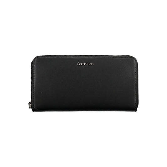 Calvin Klein Black Polyethylene Wallet with zip closure and logo, featuring 5 compartments, coin purse, and card spaces.