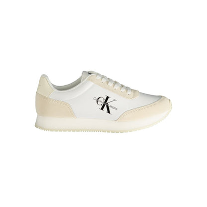 Calvin Klein Beige Polyester Sneaker with laces, contrast details, logo print, made of 50% recycled polyester, sports shoe.