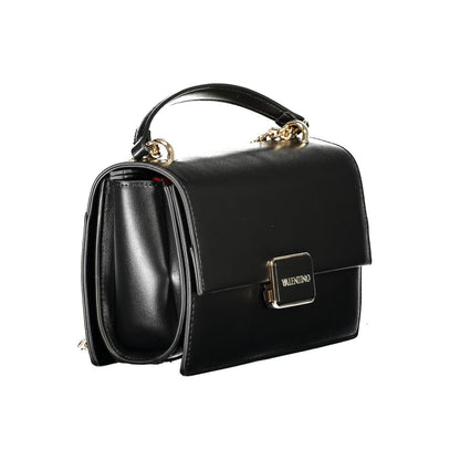 Mario Valentino Black Polyethylene Women Handbag with chain shoulder strap and logo, featuring secure pocket and elegant closure.