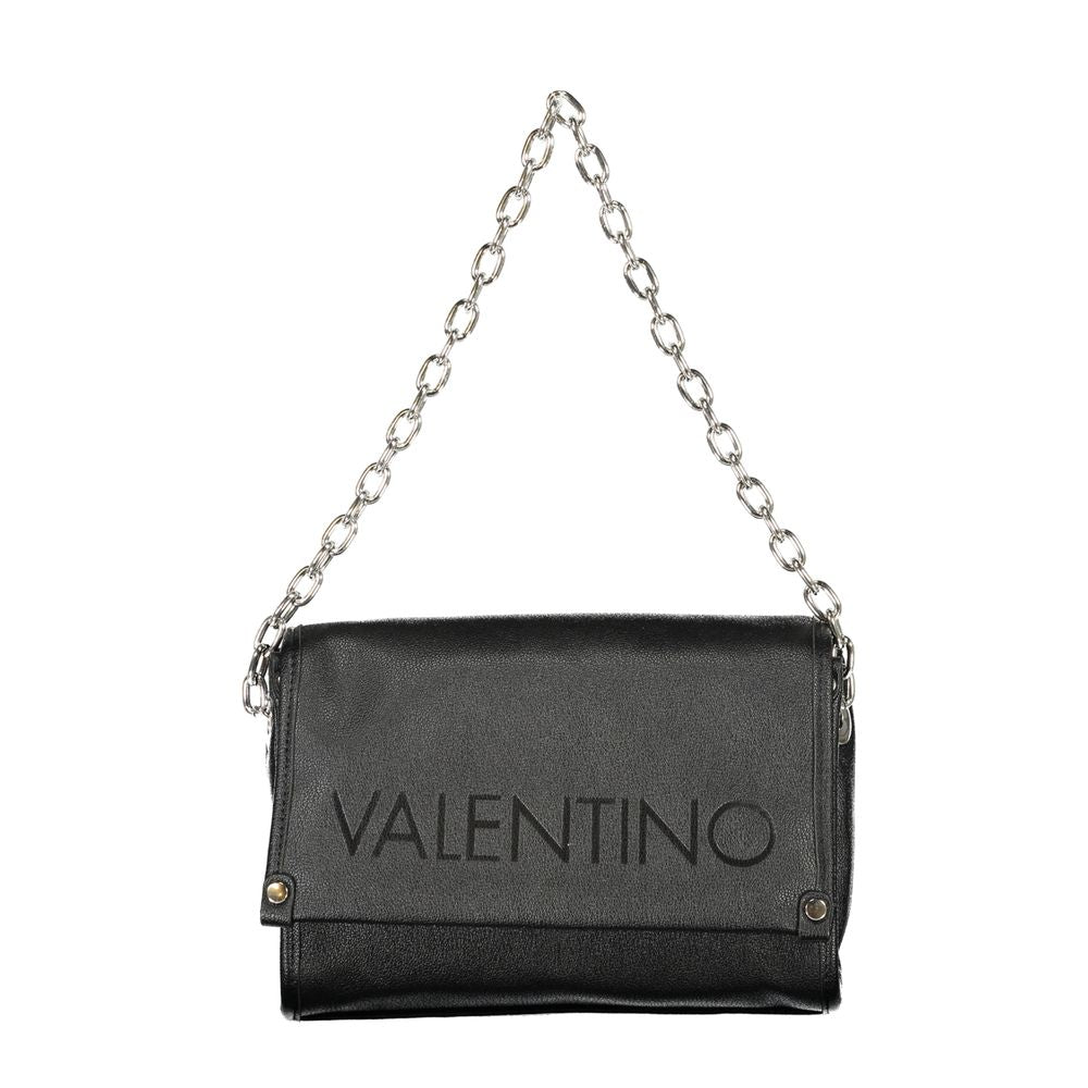 Mario Valentino Black Polyethylene Handbag with chain shoulder handle and logo, featuring adjustable straps and internal pockets.