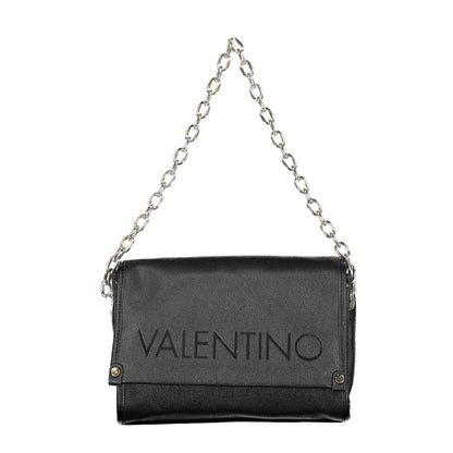 Mario Valentino Black Polyethylene Handbag with chain shoulder handle and logo, featuring adjustable straps and internal pockets.