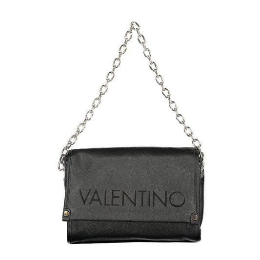 Mario Valentino Black Polyethylene Handbag with chain shoulder handle and logo, featuring adjustable straps and internal pockets.