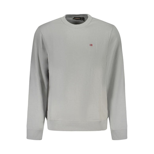 Napapijri Gray Cotton Men Sweater with crew neck, long sleeves, iconic logo embroidery, and brushed interior for comfort and style.