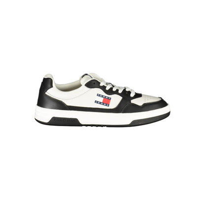 Tommy Hilfiger Black Leather Men Sneaker with white accents and logo, showcasing sporty elegance and brand prestige.
