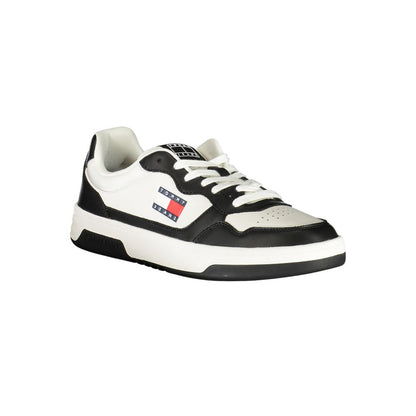 Tommy Hilfiger Black Leather Men Sneaker with white accents, showcasing the brand logo and sporty design for stylish streetwear.