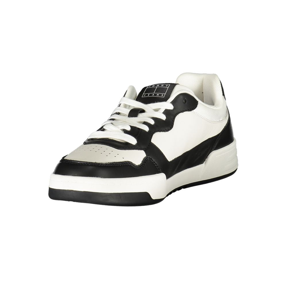 Tommy Hilfiger Black Leather Men Sneaker with black and white design, showcasing athletic elegance and brand prestige.