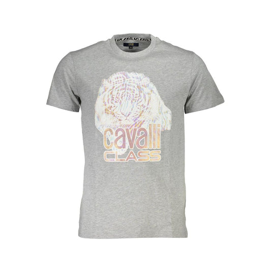 Cavalli Class Brown Cotton Men T-Shirt with iconic logo print on front, short sleeves, and crew neck, showcasing contemporary style.