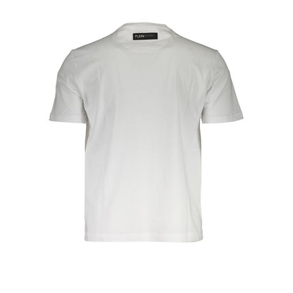 Plein Sport White Cotton Men T-Shirt with bold logo, short-sleeve design, and crew-neck style, perfect for trendsetters and comfort seekers.