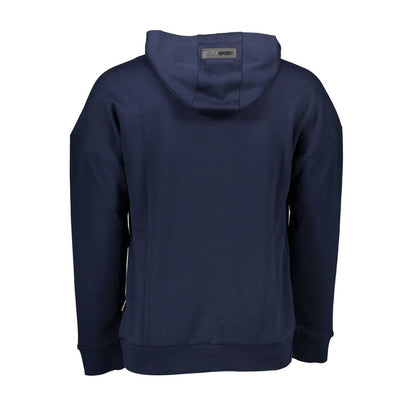 Back view of Plein Sport Blue Cotton Men Sweater with hoodie detail.