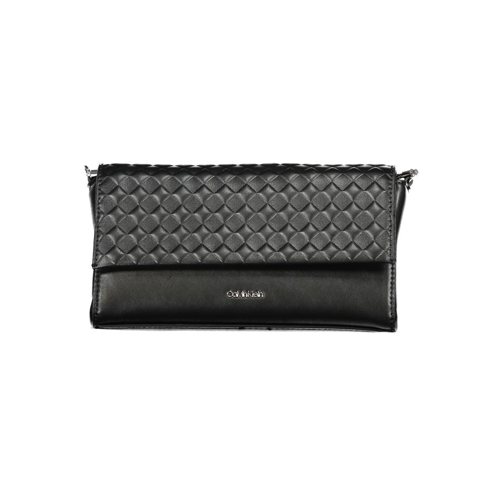 Calvin Klein Black Polyester Handbag with chain shoulder strap, internal card pocket, contrasting details, and magnet closure.