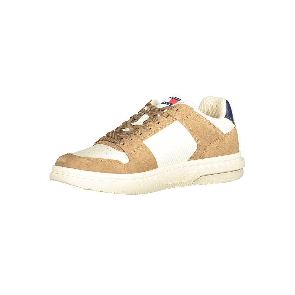 Tommy Hilfiger Beige Leather Men Sneaker with brown and blue details, showcasing classic American style and removable insole for comfort.