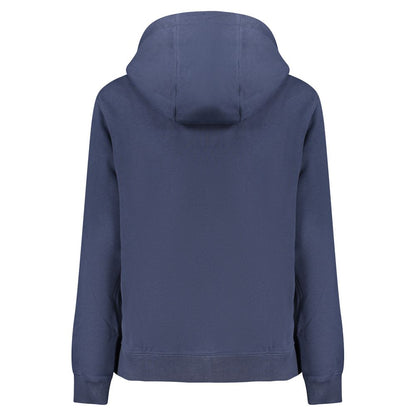 Back view of Tommy Hilfiger Blue Cotton Women Sweater with hood and long sleeves, featuring a sustainable 50% regenerative cotton blend.