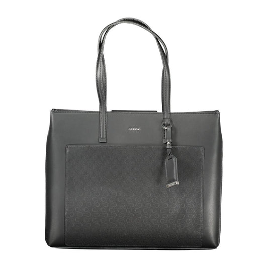 Calvin Klein Black Polyester Women Handbag with dual straps and logo embellishment, featuring external pocket and multiple compartments