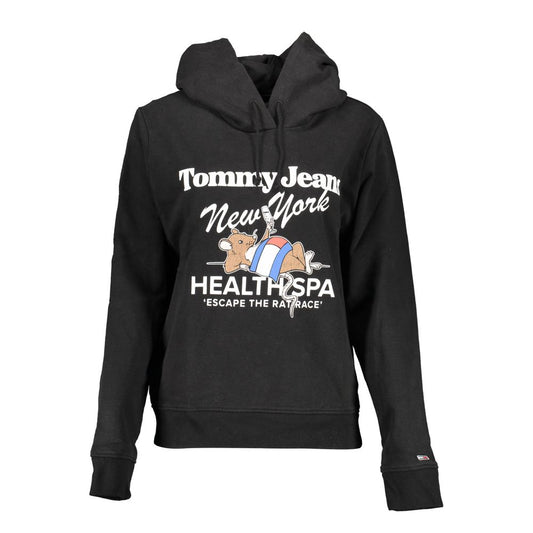 Tommy Hilfiger Black Cotton Women Sweater with health spa print and hood, featuring logo embroidery for classic style.
