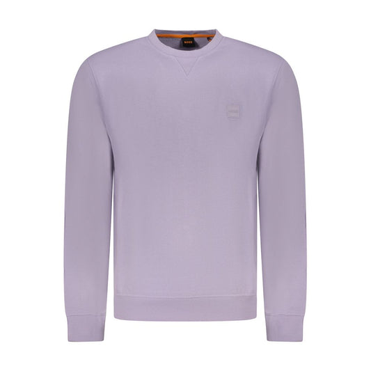 Hugo Boss Purple Cotton Men Sweater with long sleeves and crew neck, showcasing elegant embroidery and logo, perfect for modern style.