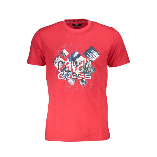 Cavalli Class Red Cotton Men T-Shirt with logo and eye-catching print, stylish short sleeve crew neck.