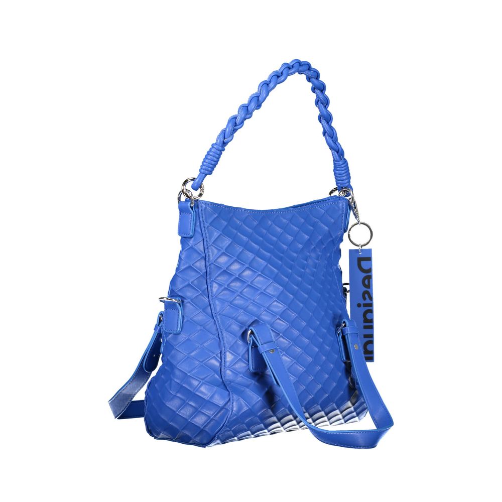 Desigual Blue Polyethylene Women Handbag with braided handle, featuring detachable strap and distinctive design accents.