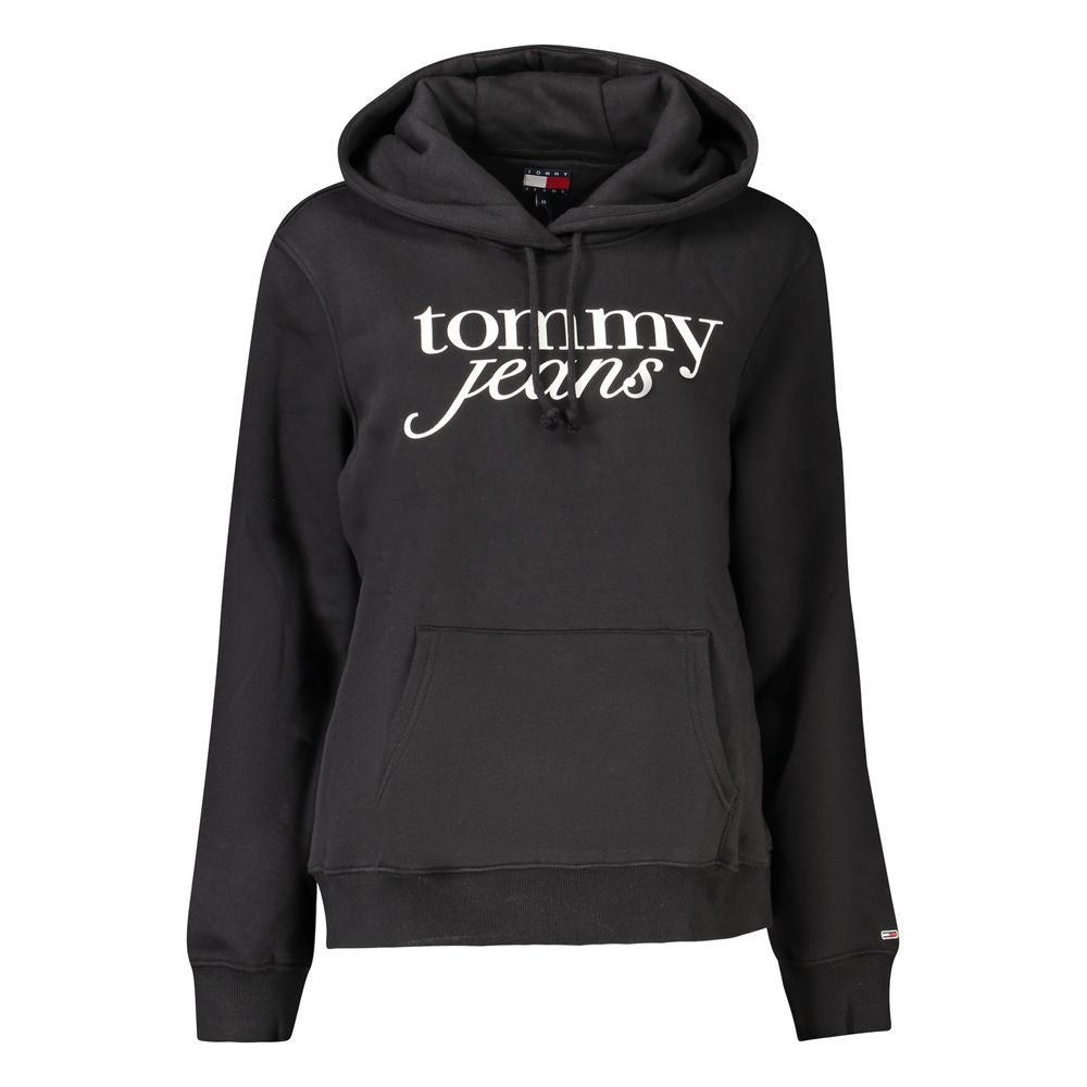 Tommy Hilfiger Black Cotton Women Sweater with hood and logo, featuring a central pocket, blending comfort and style for casual or trendy looks.