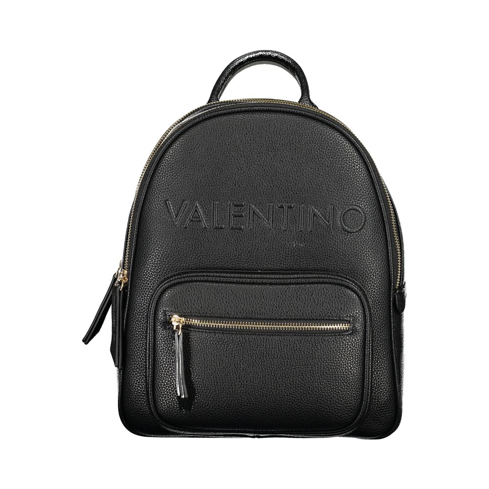 Mario Valentino Black Polyethylene Backpack with zip closure, external pocket, contrasting details, adjustable shoulder straps, and logo.