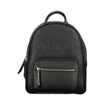 Mario Valentino Black Polyethylene Backpack with zip closure, external pocket, contrasting details, adjustable shoulder straps, and logo.