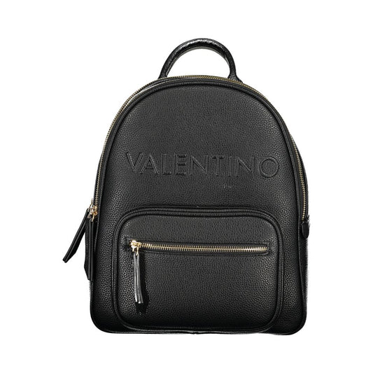 Mario Valentino Black Polyethylene Backpack with zip closure, external pocket, contrasting details, adjustable shoulder straps, and logo.