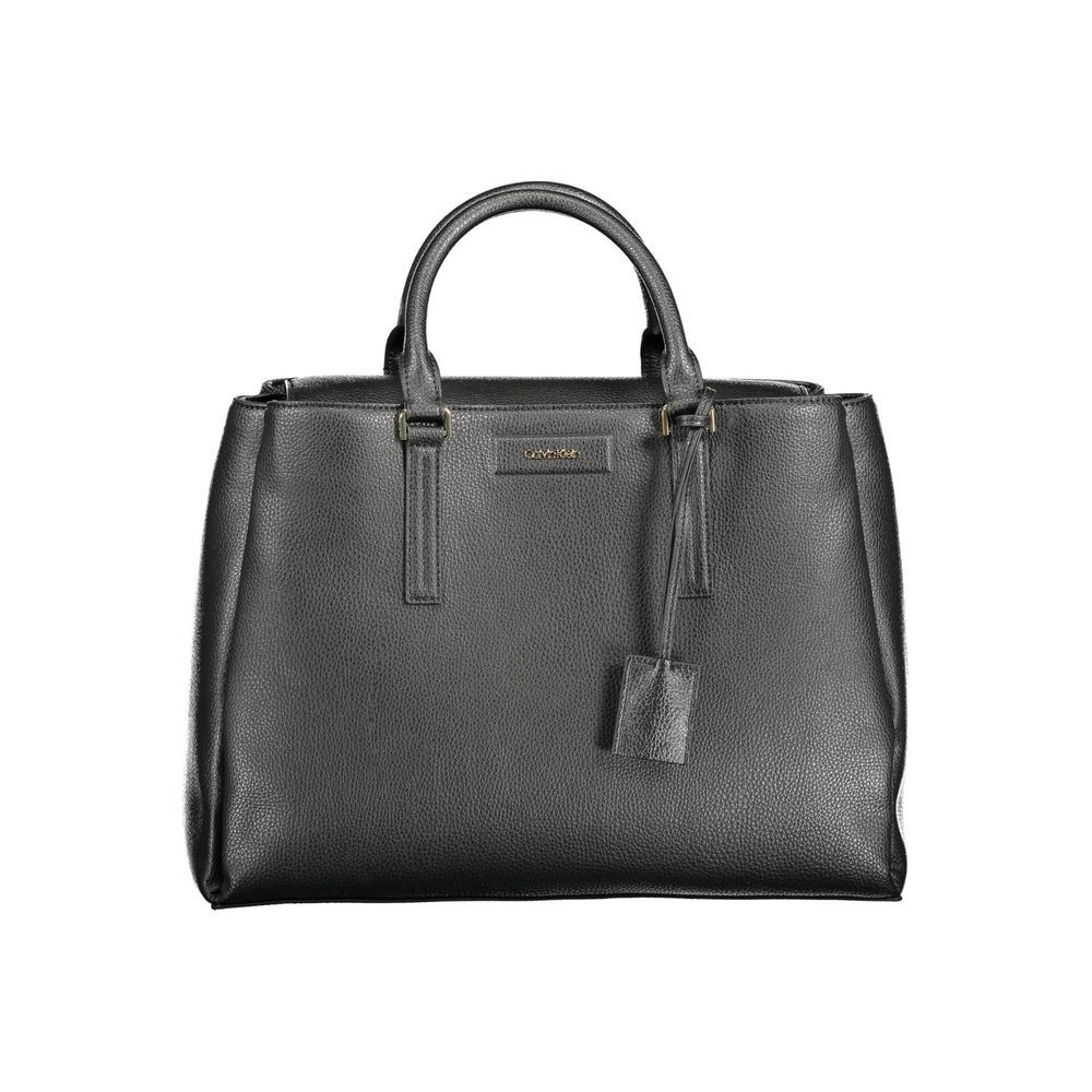 Calvin Klein Black Recycled Polyester Women Handbag with dual handles and removable shoulder strap for eco-friendly style.