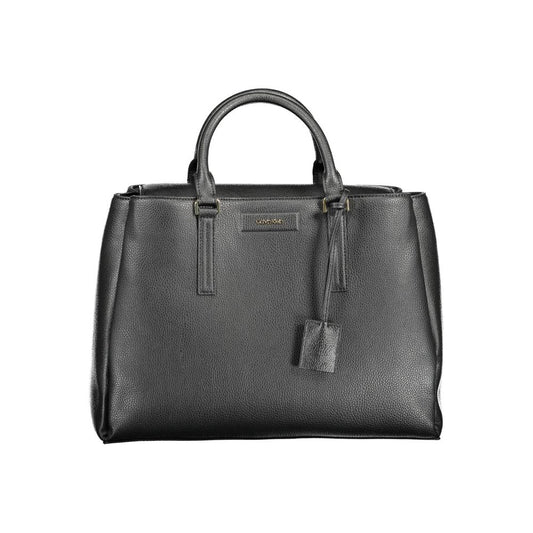 Calvin Klein Black Recycled Polyester Women Handbag with dual handles and removable shoulder strap for eco-friendly style.