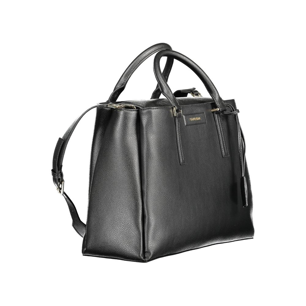 Calvin Klein Black Recycled Polyester Women Handbag with dual handles and removable shoulder strap, showcasing eco-chic style and functionality.