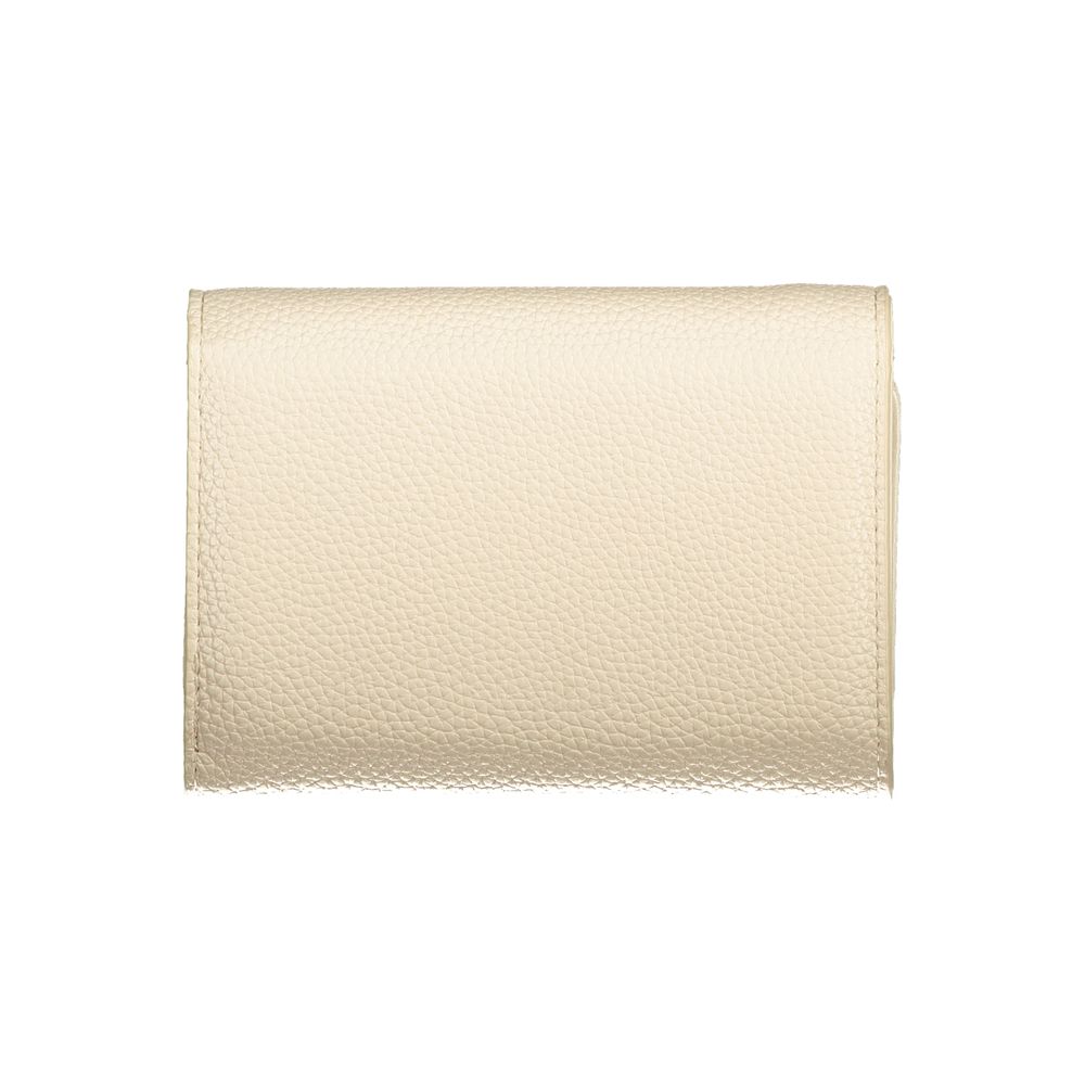 Mario Valentino Beige Polyethylene Wallet with 3 compartments, coin purse, card spaces, zip closure, logo, and recycled material.