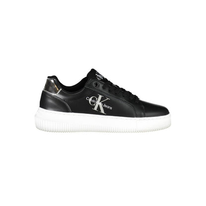 Calvin Klein Black Polyester Women Sneaker with logo and white sole, crafted from recycled materials for style-conscious trendsetters.