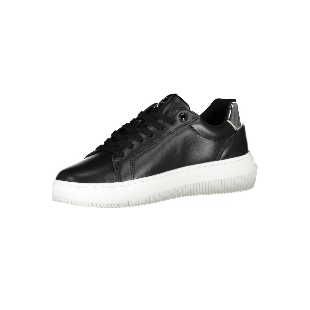 Calvin Klein Black Polyester Women Sneaker with contrasting sole and logo, crafted from recycled materials for stylish comfort.
