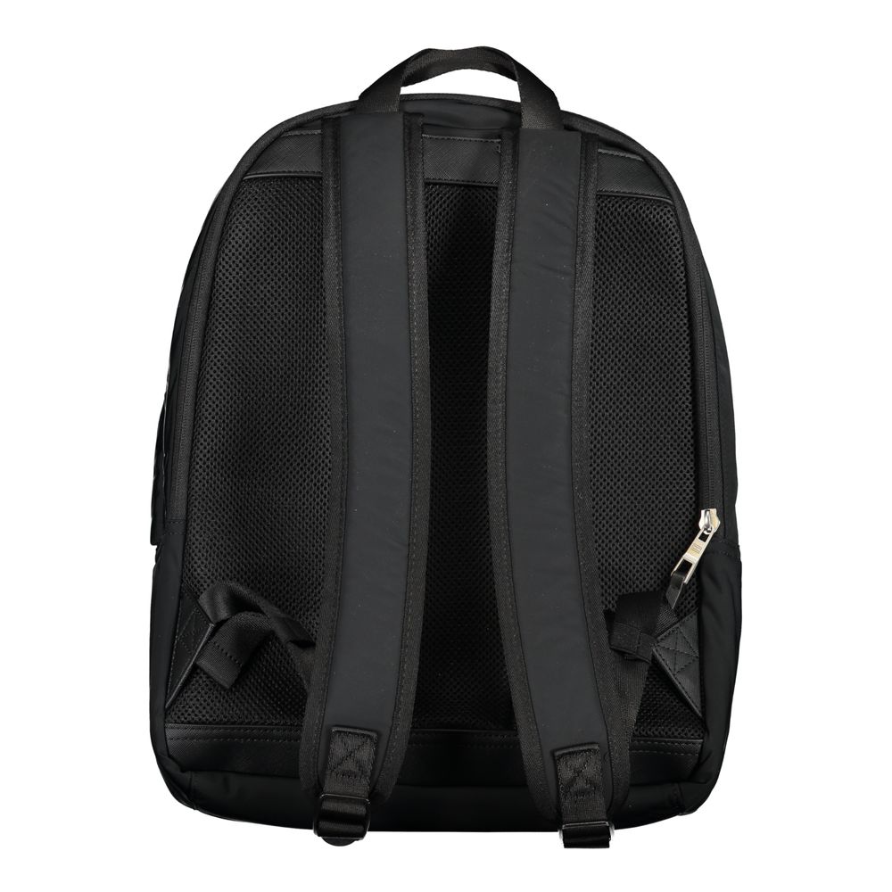 Back view of Tommy Hilfiger Black Polyester Backpack with adjustable straps and handle, featuring durable recycled polyester material.