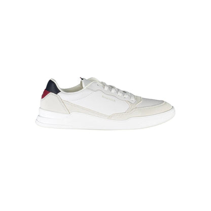 Tommy Hilfiger White Polyester Men Sneaker with contrasting details on a white background, sustainable and fashion-forward footwear.