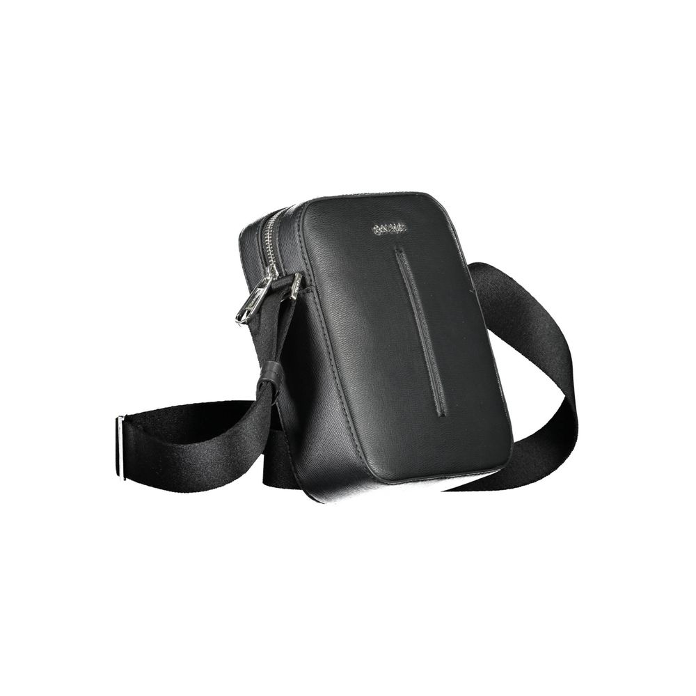 Calvin Klein Black Polyester Men Shoulder Bag with adjustable strap and zip closure, crafted from 100% recycled polyester for stylish durability.