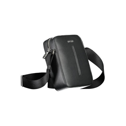 Calvin Klein Black Polyester Men Shoulder Bag with adjustable strap and zip closure, crafted from 100% recycled polyester for stylish durability.
