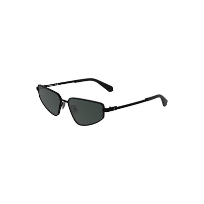 Calvin Klein Black Metal Women Sunglass with sleek metal frame and rectangular smoke lenses for chic fashion enthusiasts.