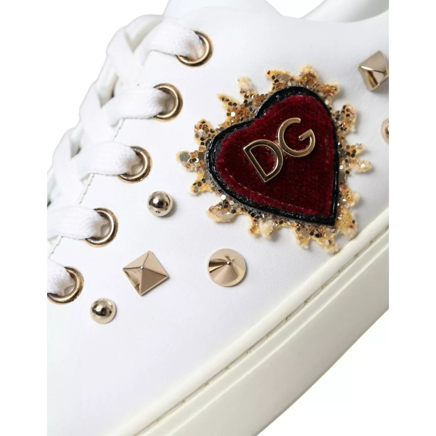 Dolce & Gabbana White Leather Gold Red Heart Sneakers Shoes