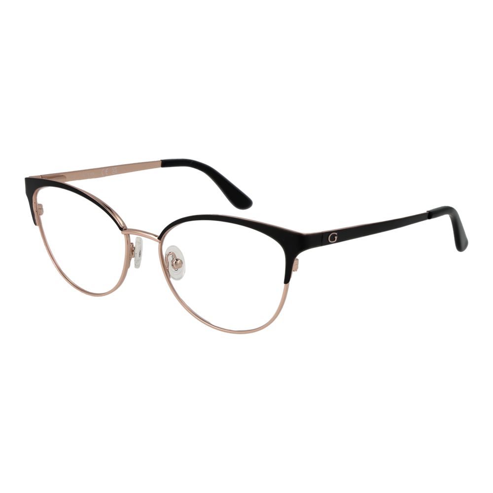 Guess Gold Women Glasses Frame, full-rim browline style in gold with demo plastic lenses, metal frame, and branded case included.