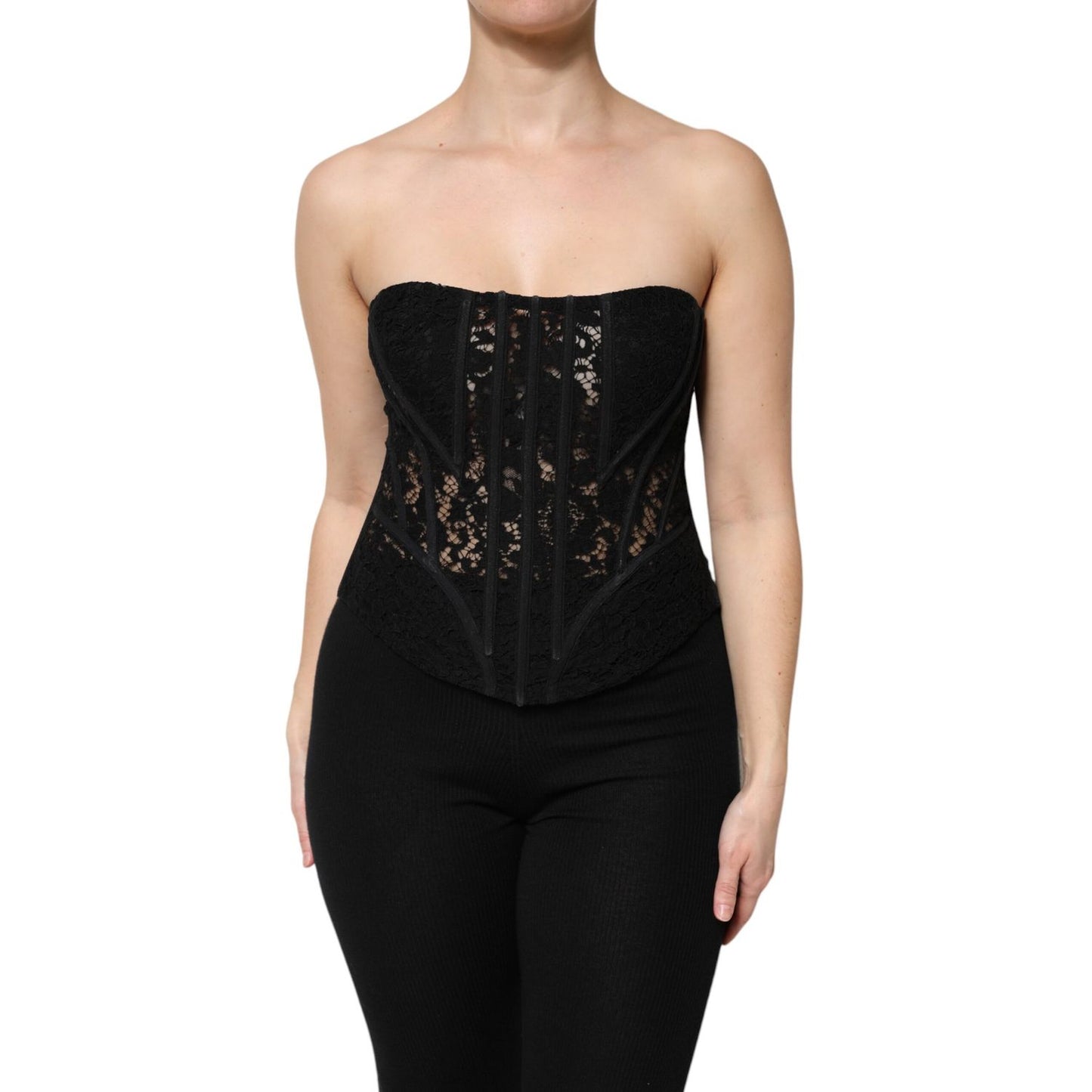 Dolce & Gabbana Black Cotton Floral Lace Corset Bustier Top