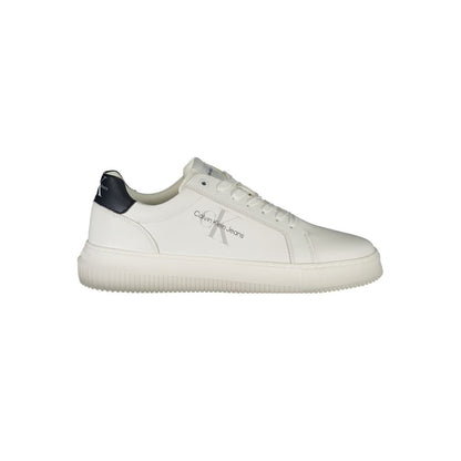 Calvin Klein White Leather Men Sneaker with black details and logo, featuring removable insole for comfort and sustainable materials.