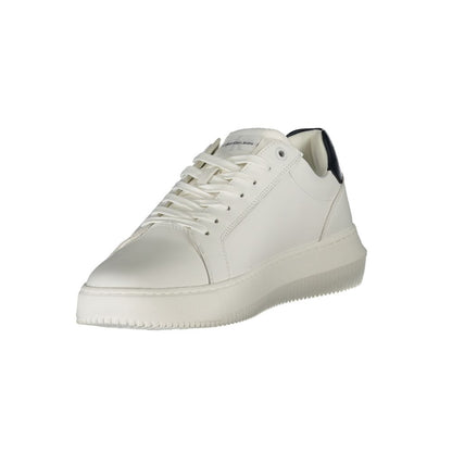 Calvin Klein White Leather Men Sneaker with black details, removable insole, and iconic logo for urban chic style.