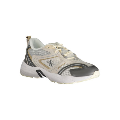 Calvin Klein Beige Polyester Sneaker with laces, contrast details, and logo print, ideal for sports footwear enthusiasts.
