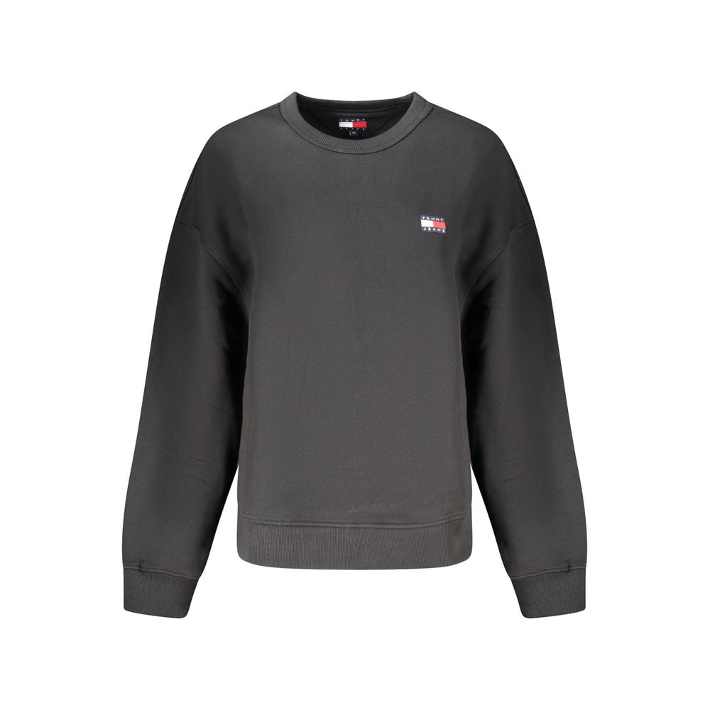 Tommy Hilfiger Black Cotton Women Sweater with crew neck, featuring iconic logo on chest, made with 95% regenerative cotton for stylish comfort.