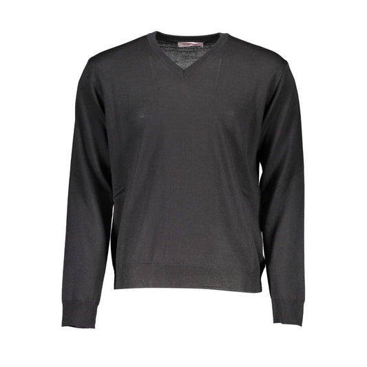 Romeo Gigli Black Wool Men Sweater - sophisticated V-neck design, Italian craftsmanship, long-sleeved elegance.