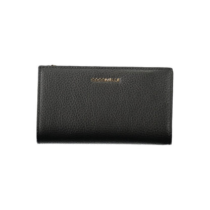 Coccinelle Black Leather Women Wallet with sleek design and metallic logo, featuring dual compartments and secure coin purse.