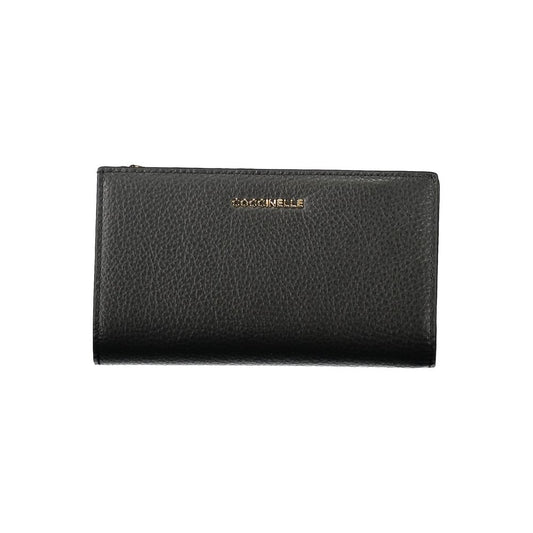 Coccinelle Black Leather Women Wallet with sleek design and gold logo, featuring dual compartments and secure zipper.