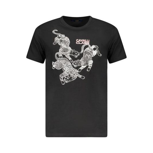 Cavalli Class Black Cotton Men T-Shirt with striking animal print and logo on front.