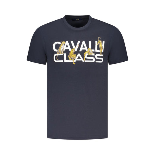 Cavalli Class Blue Cotton Men T-Shirt with bold print and crew neck, featuring iconic logo for sophisticated style in men's fashion.