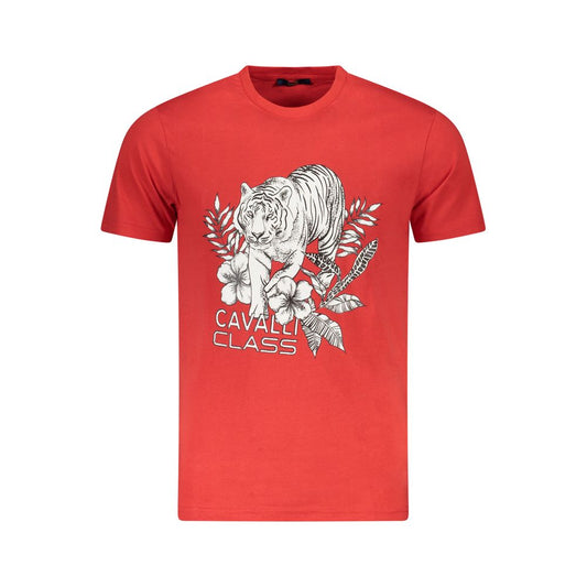 Cavalli Class Red Cotton Men T-Shirt with tiger print and logo, showcasing bold and contemporary luxury style.